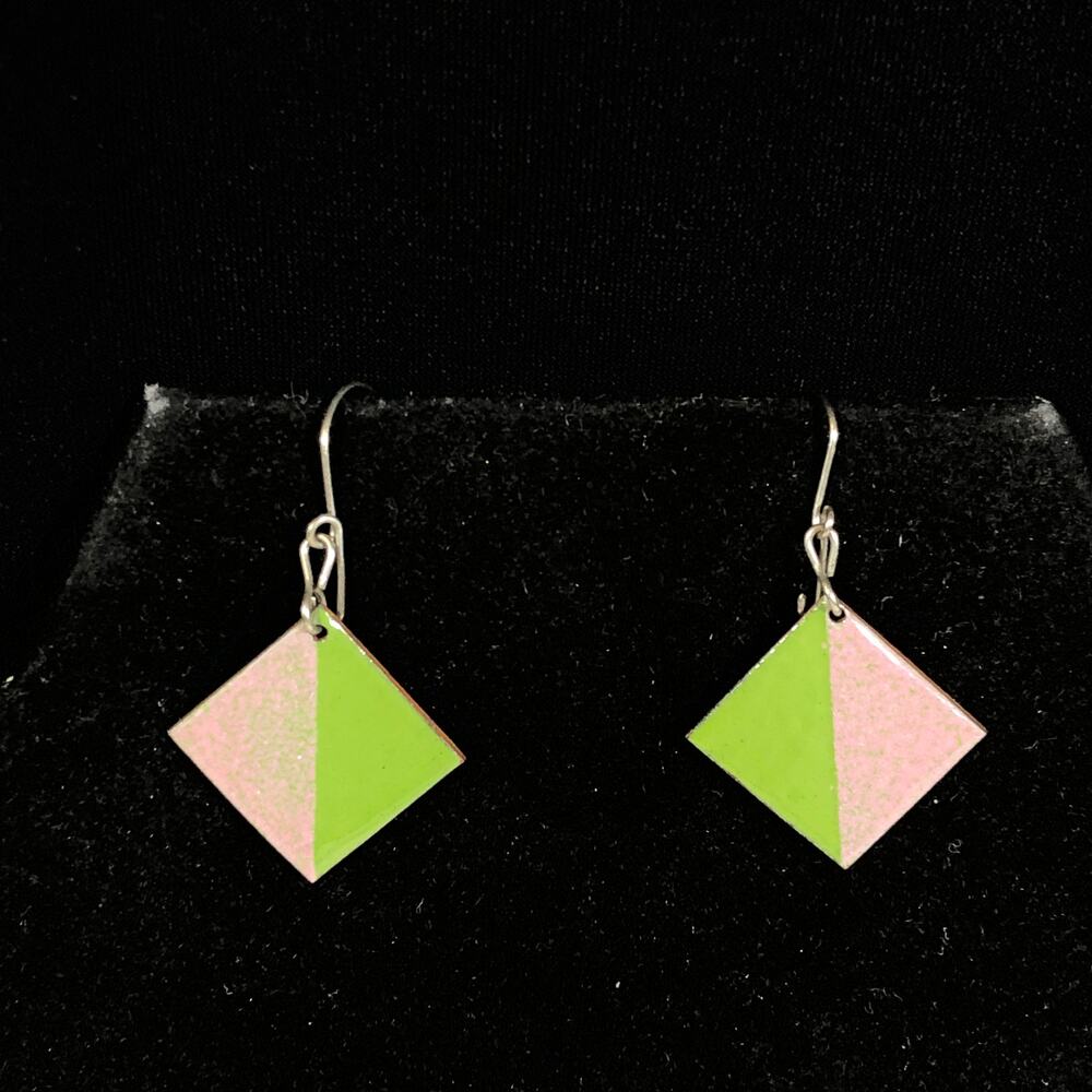 Pink and Green Earrings Glazed Copper Diamond Silver Tone Pierced Hooks Artisan